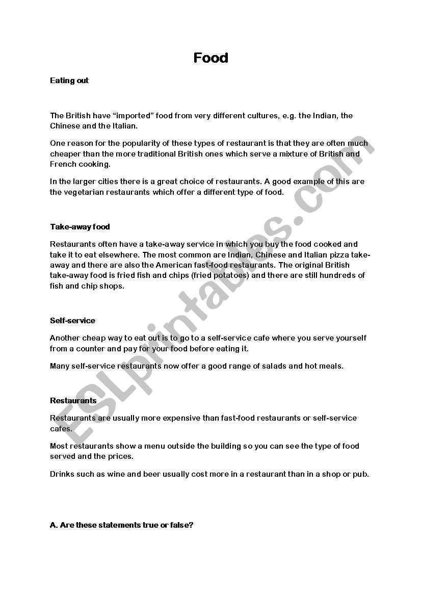 food reading texts worksheet