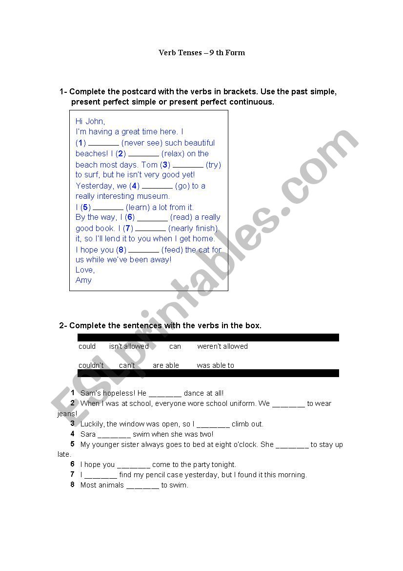 Verb tenses worksheet