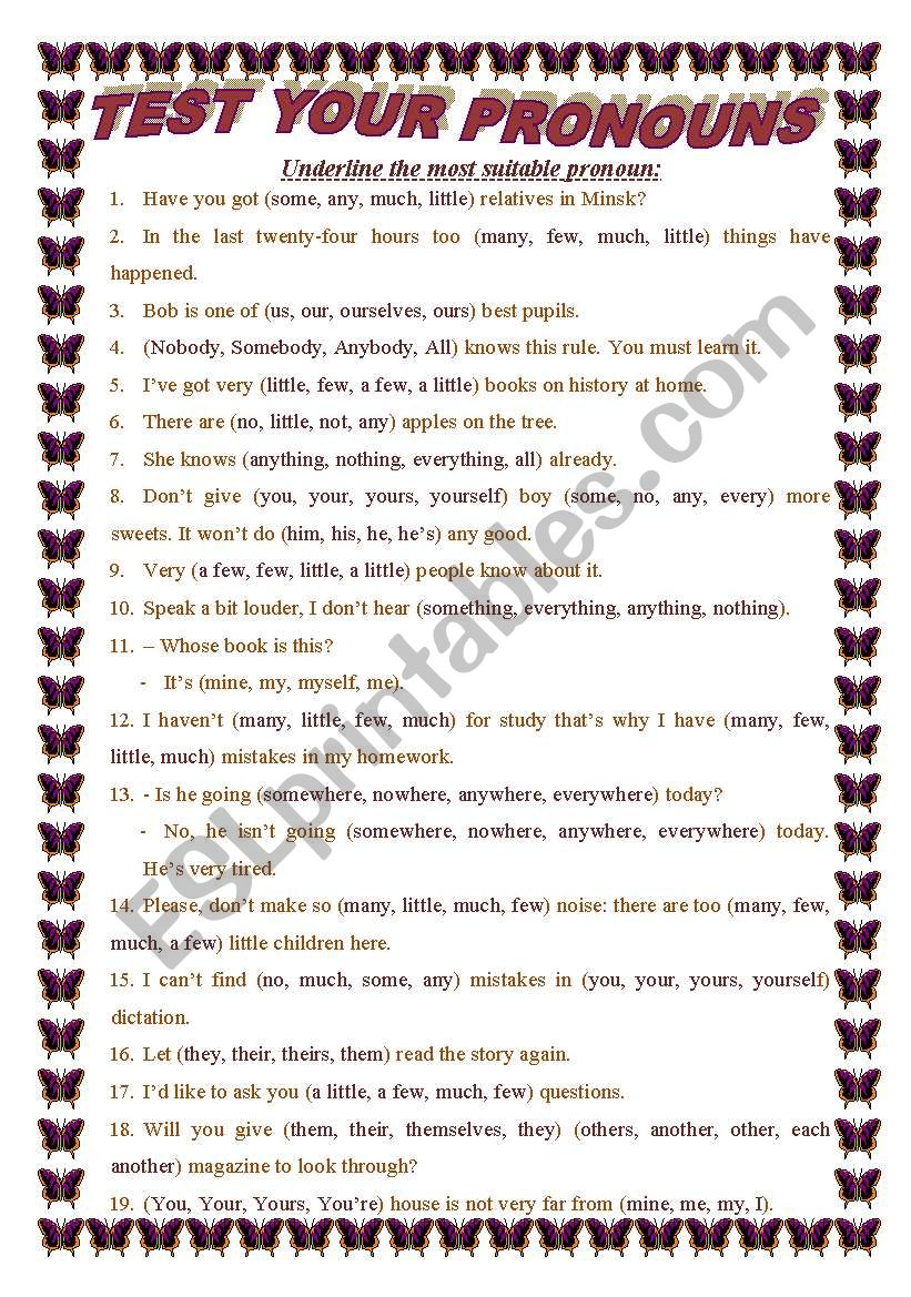 TEST YOUR PRONOUNS worksheet