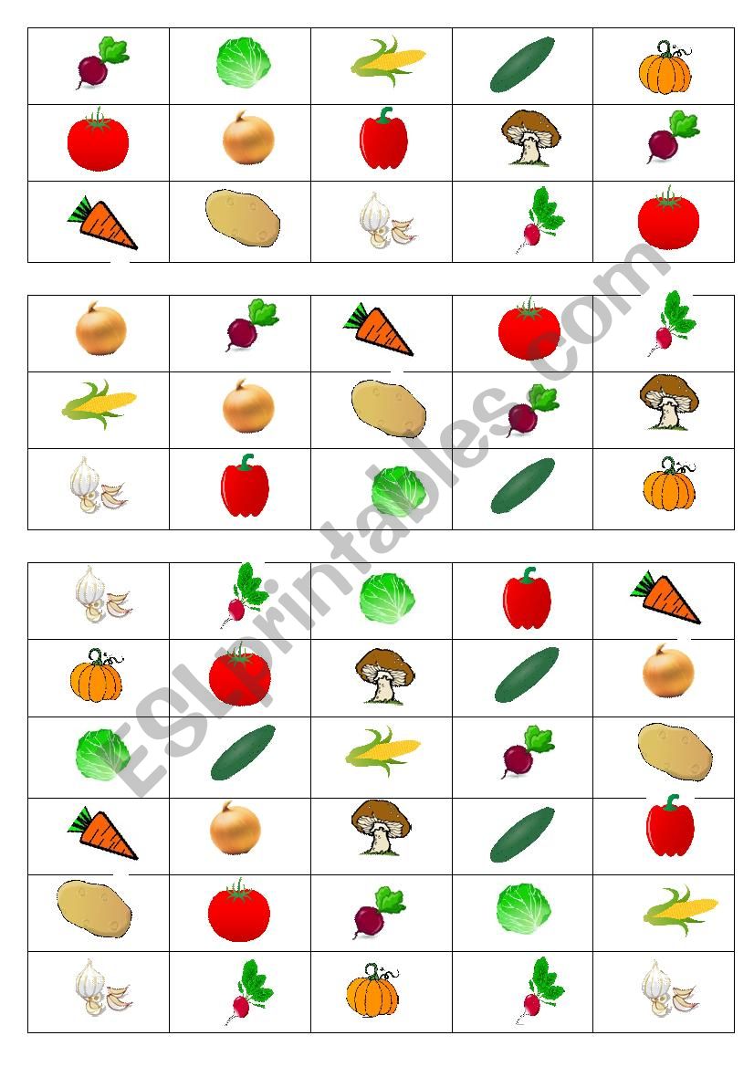 Vegetables Bingo cards worksheet