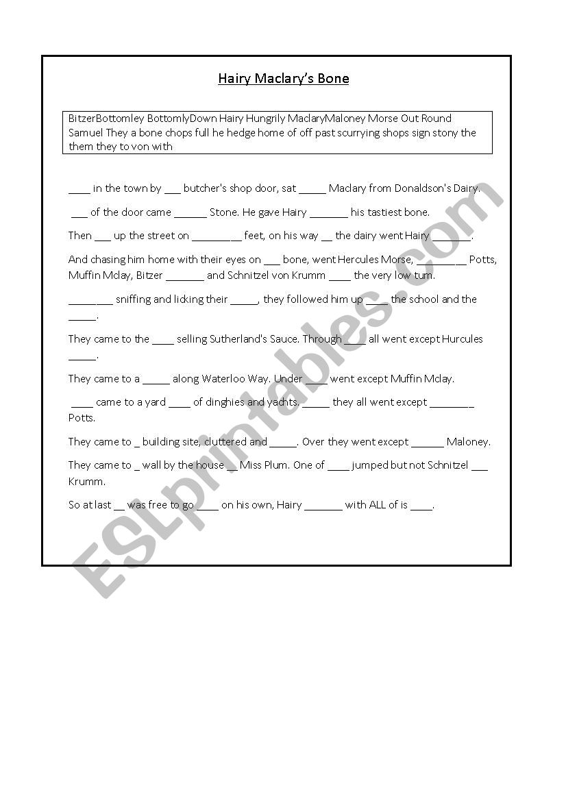 Hairy Maclary Cloze worksheet