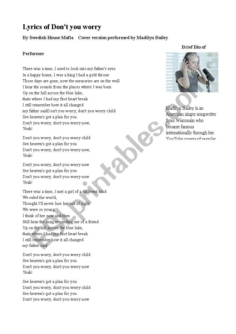 Pop Song Learning Worksheet Don T You Worry Child Esl Worksheet By Yiushyuan