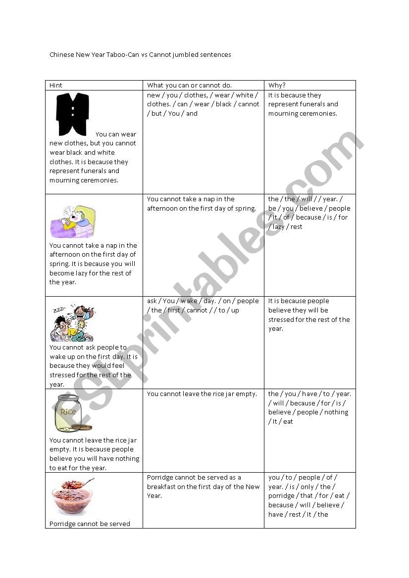 Chinese New Year Taboos worksheet