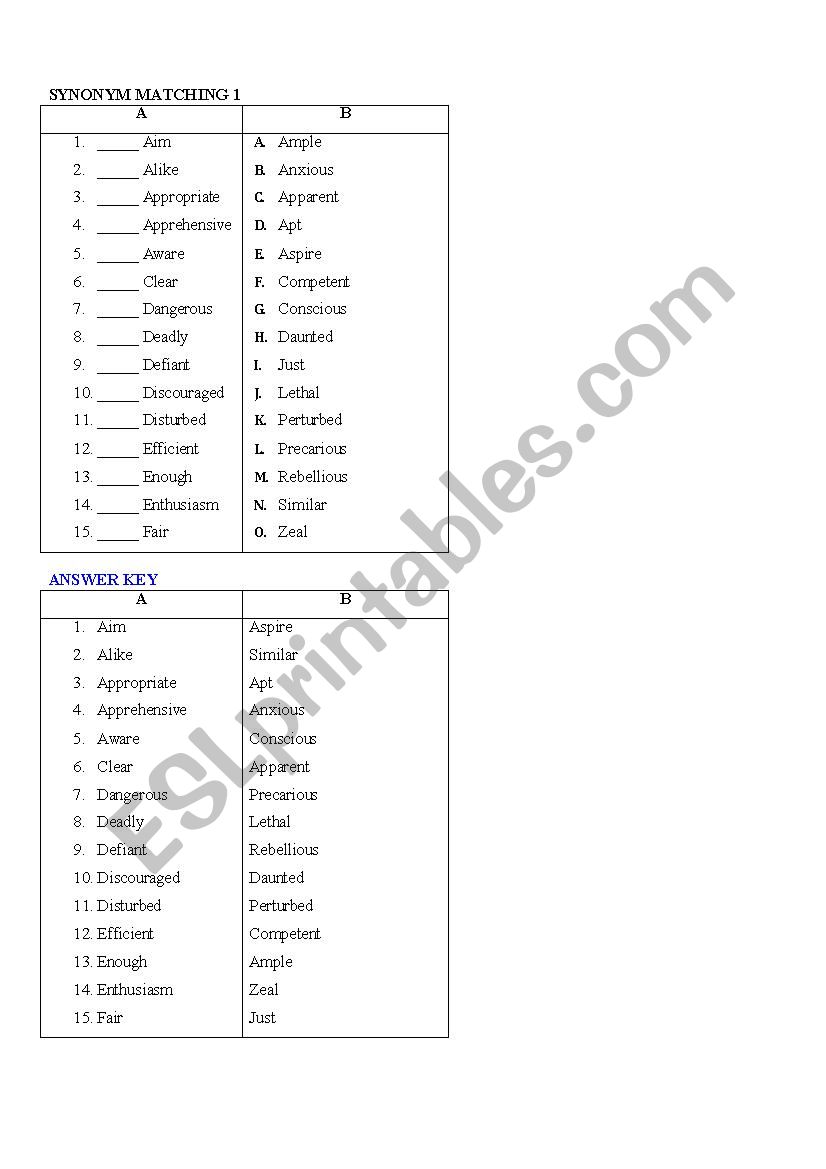 SYNONYM MATCHING worksheet