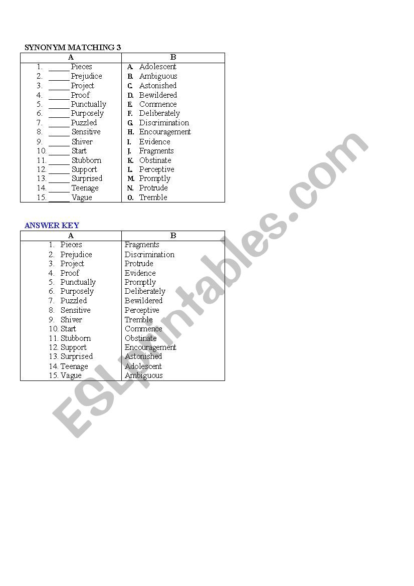 SYNONYM MATCHING worksheet