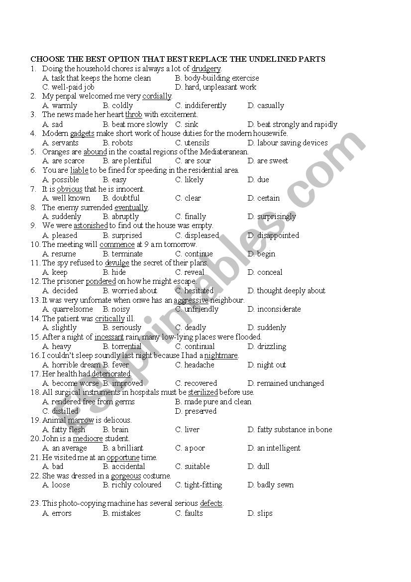 SYNONYM MULTIPLE CHOICE SENTENCES