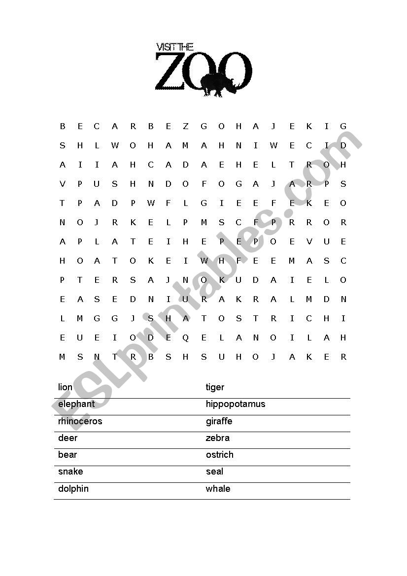 Word-search Visit the Zoo worksheet