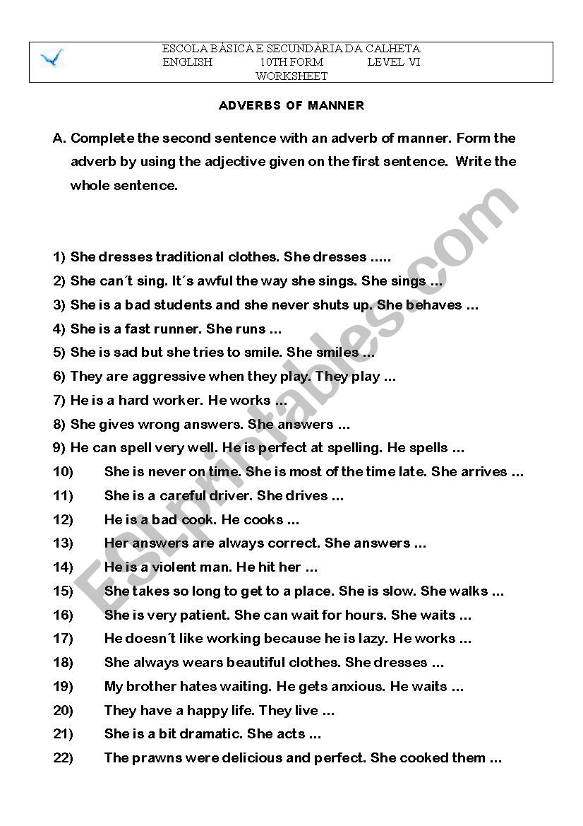 Adverbs of manner worksheet