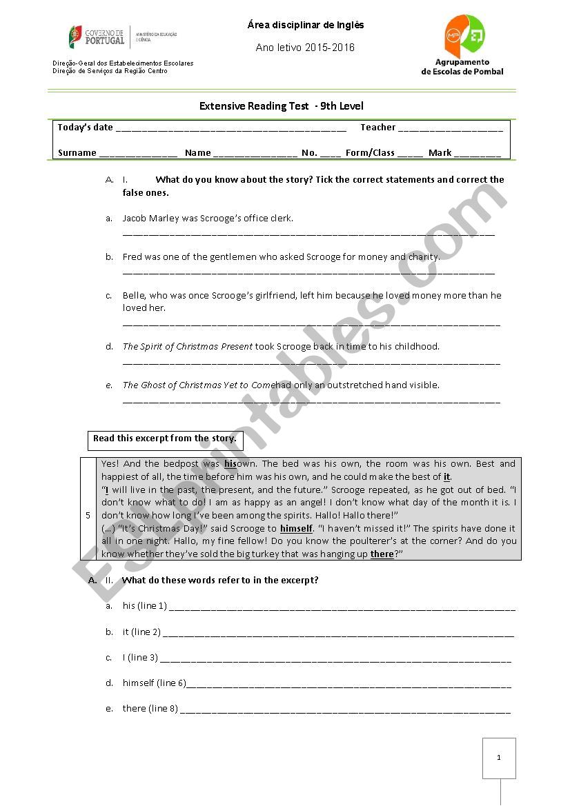 A Christmas Carol, by Charles Dickens Test - ESL worksheet by rosario.teixeira