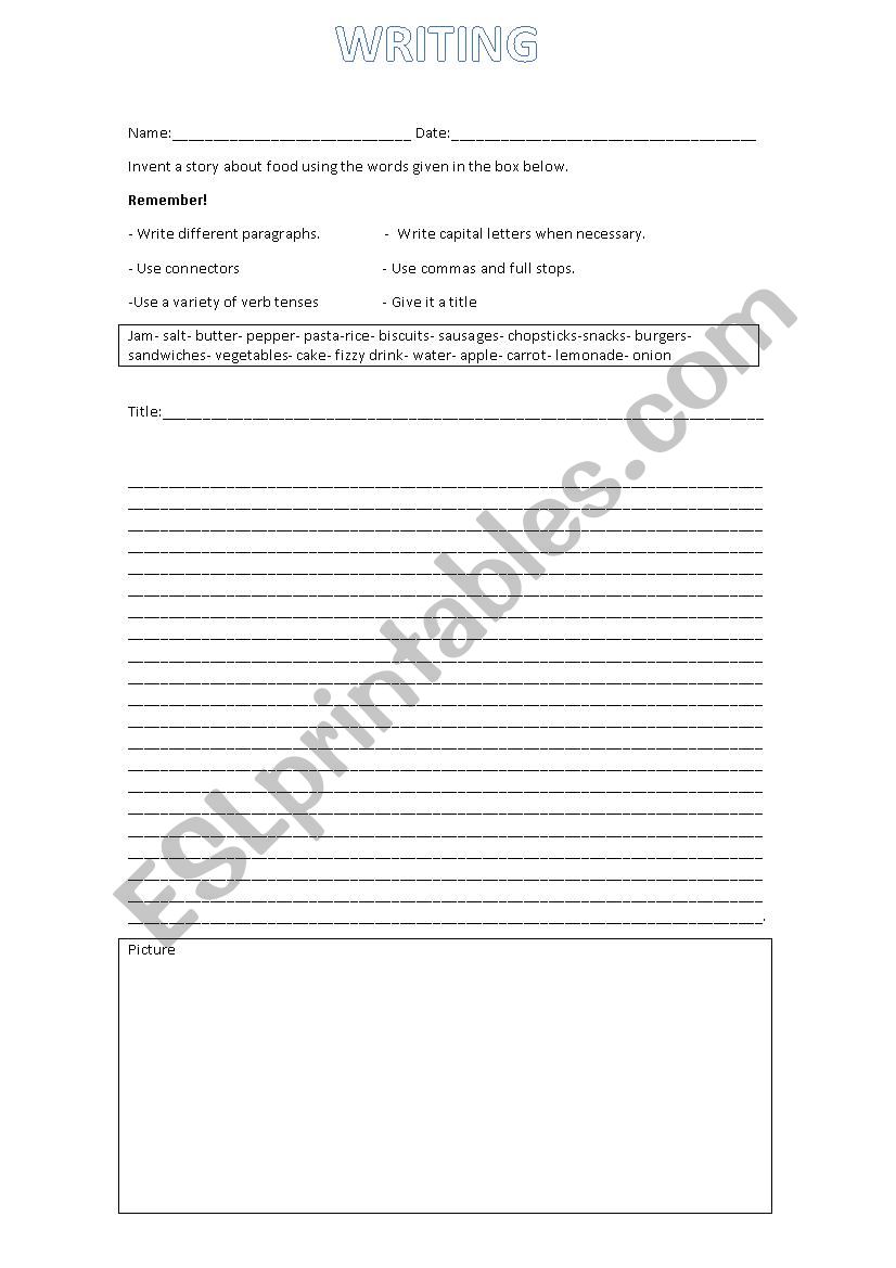 food writing worksheet