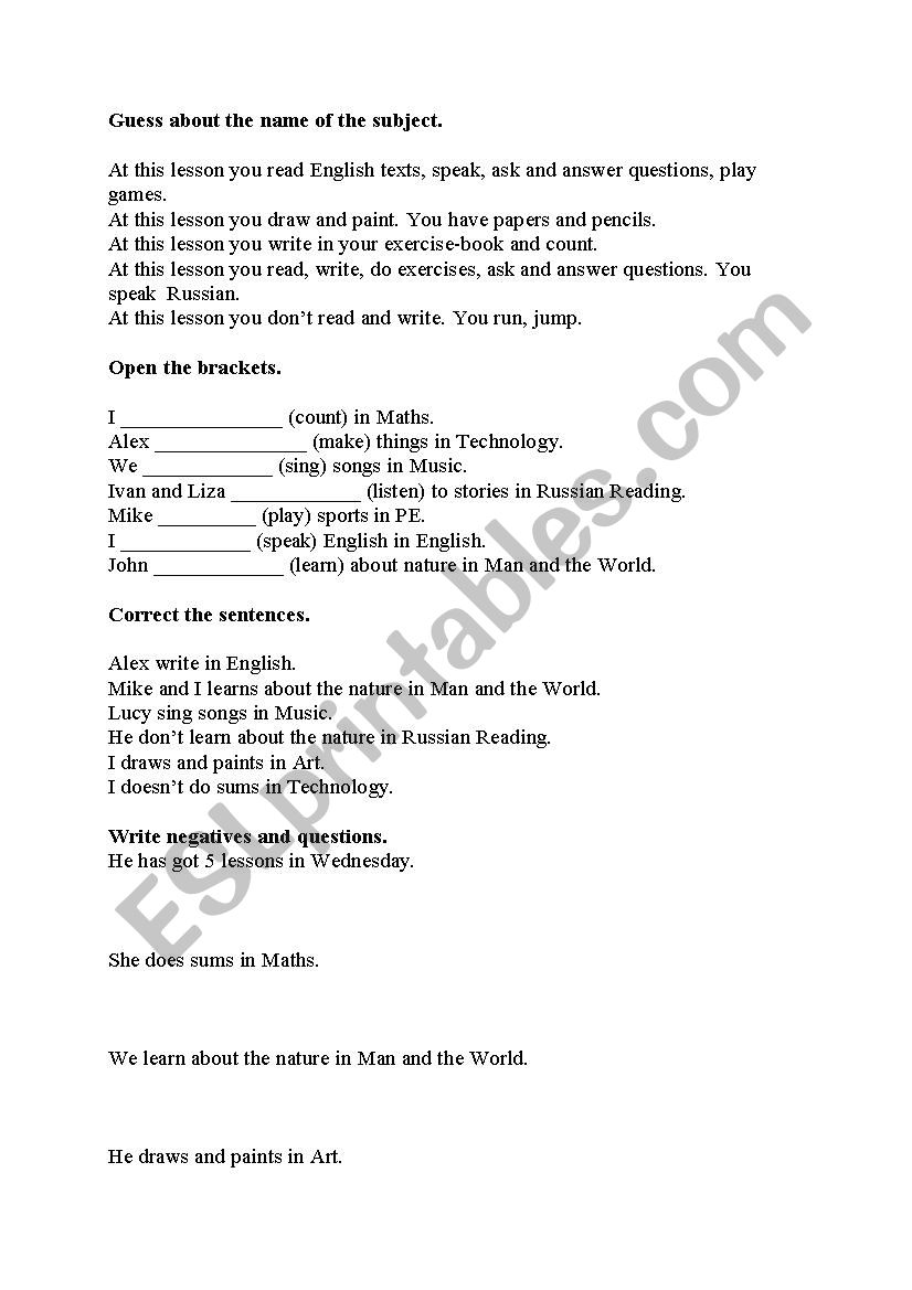 School Subjects worksheet