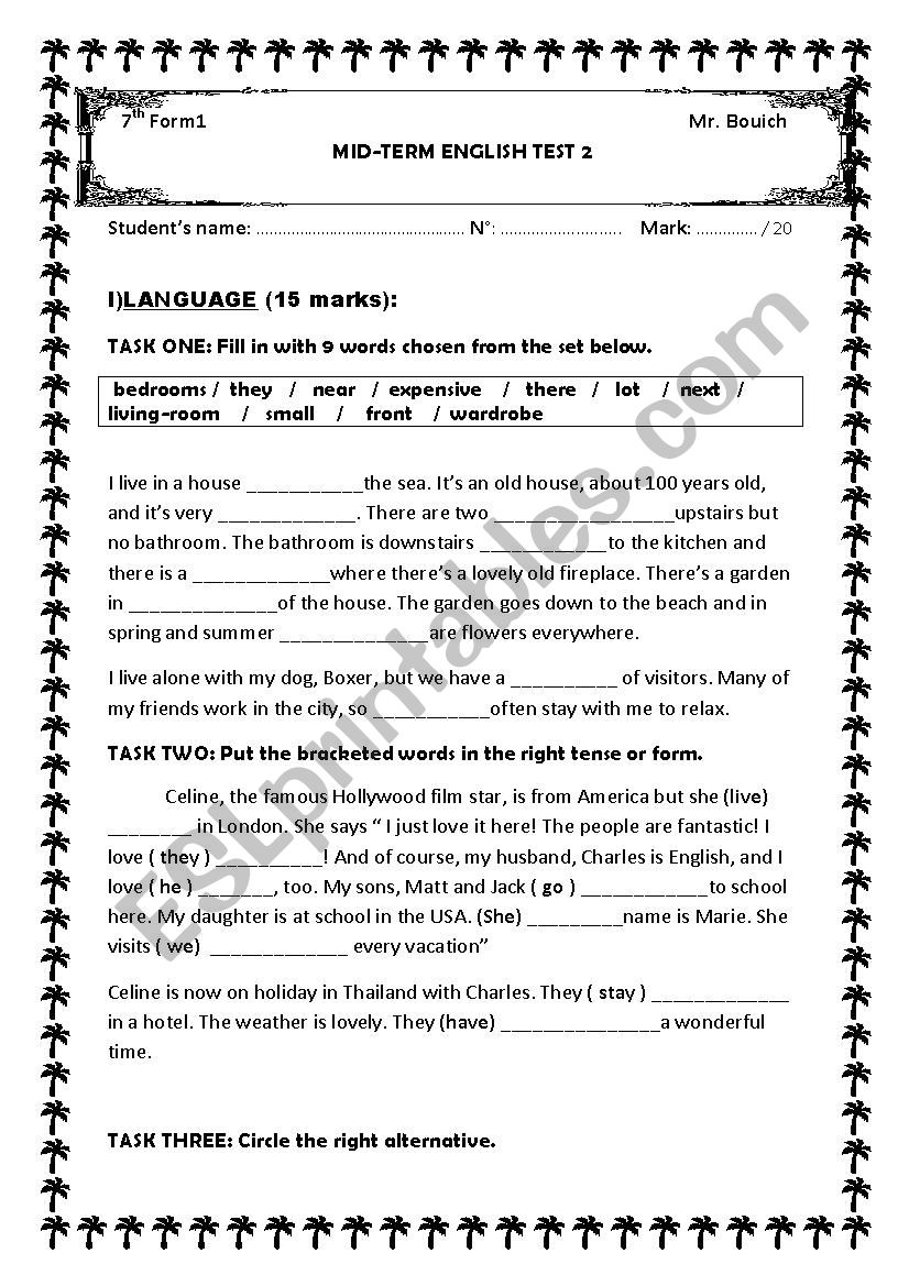 Mid-term test 2 7th form worksheet