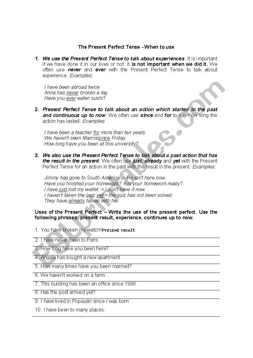 PRESENT PERFECT GRAMMAR worksheet