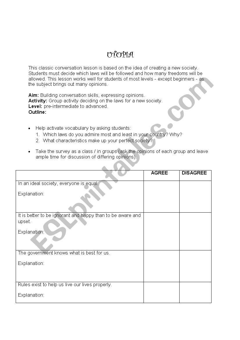 Utopia worksheet