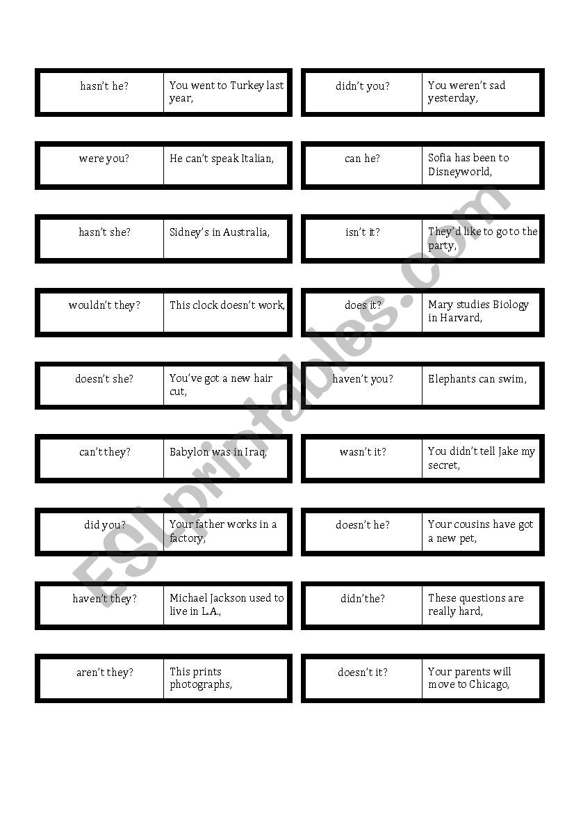 Tag questions dominoes worksheet