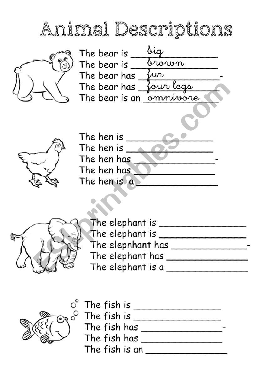 Animal Descriptions worksheet