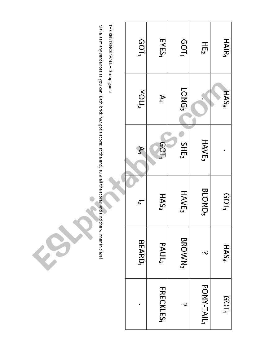 The sentence wall worksheet