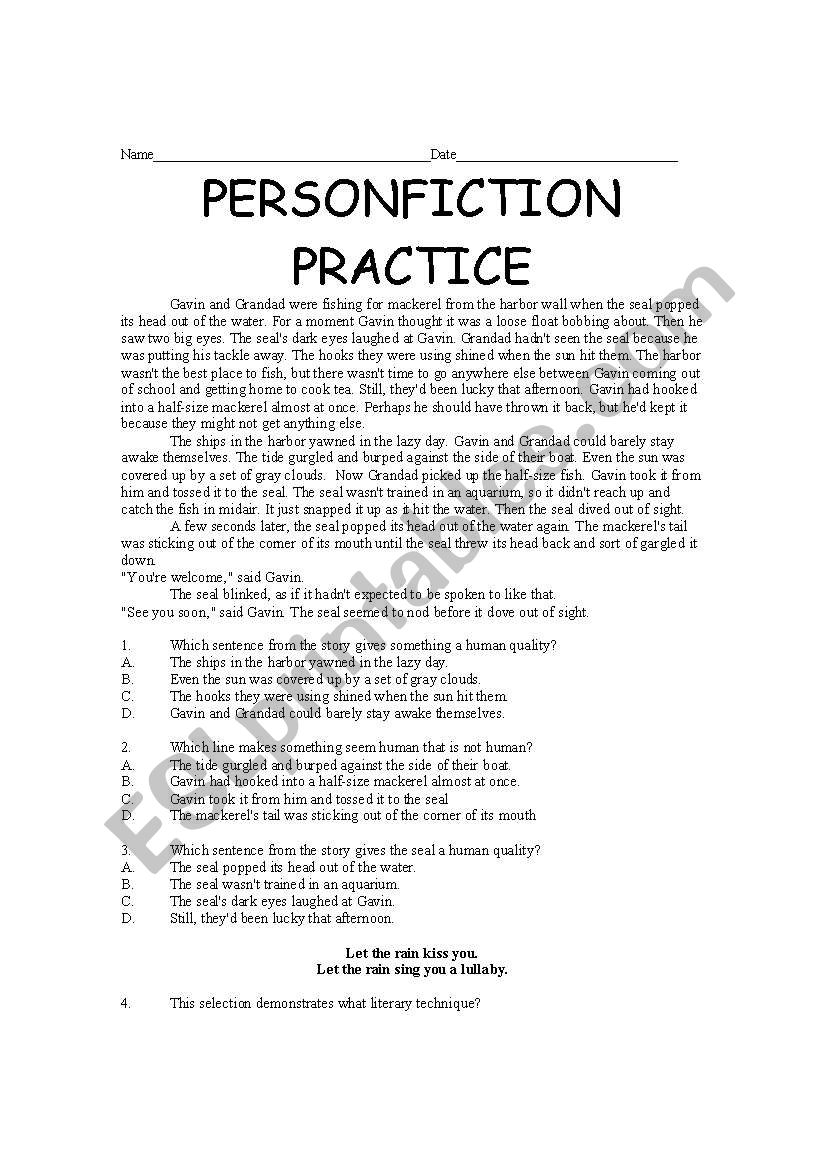 Personification Practice worksheet