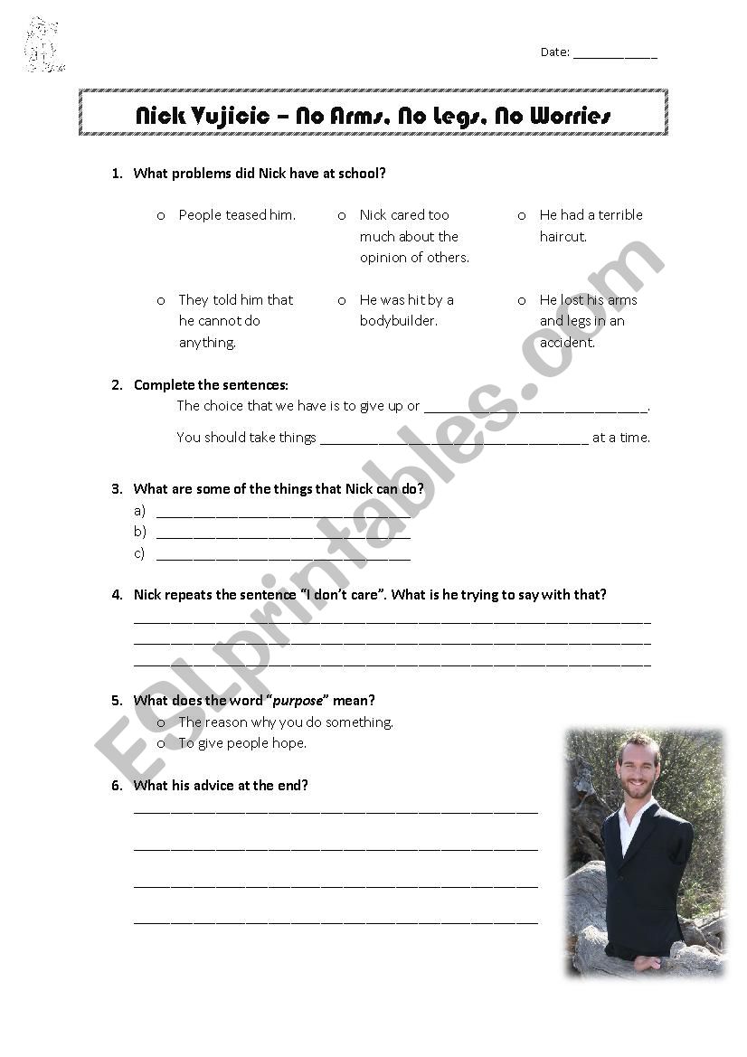 Disability - Nick Vujicic worksheet