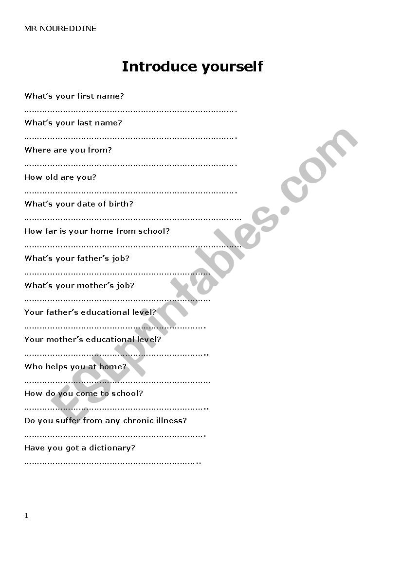 INTRODUCE YOURSELF worksheet