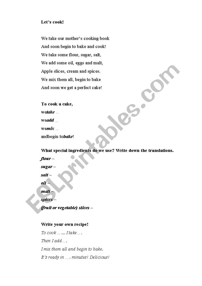 Lets Cook! worksheet