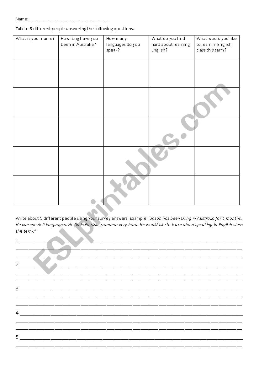 Introduction Survey ESL worksheet