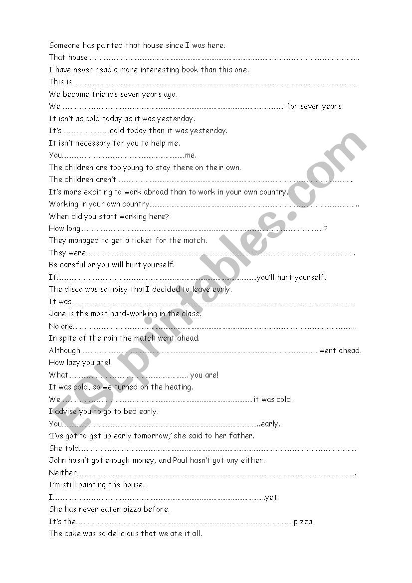 Sentence transformations worksheet