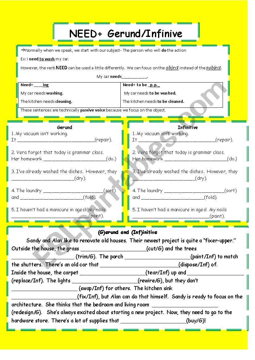 Need + Gerund/Infinitive worksheet