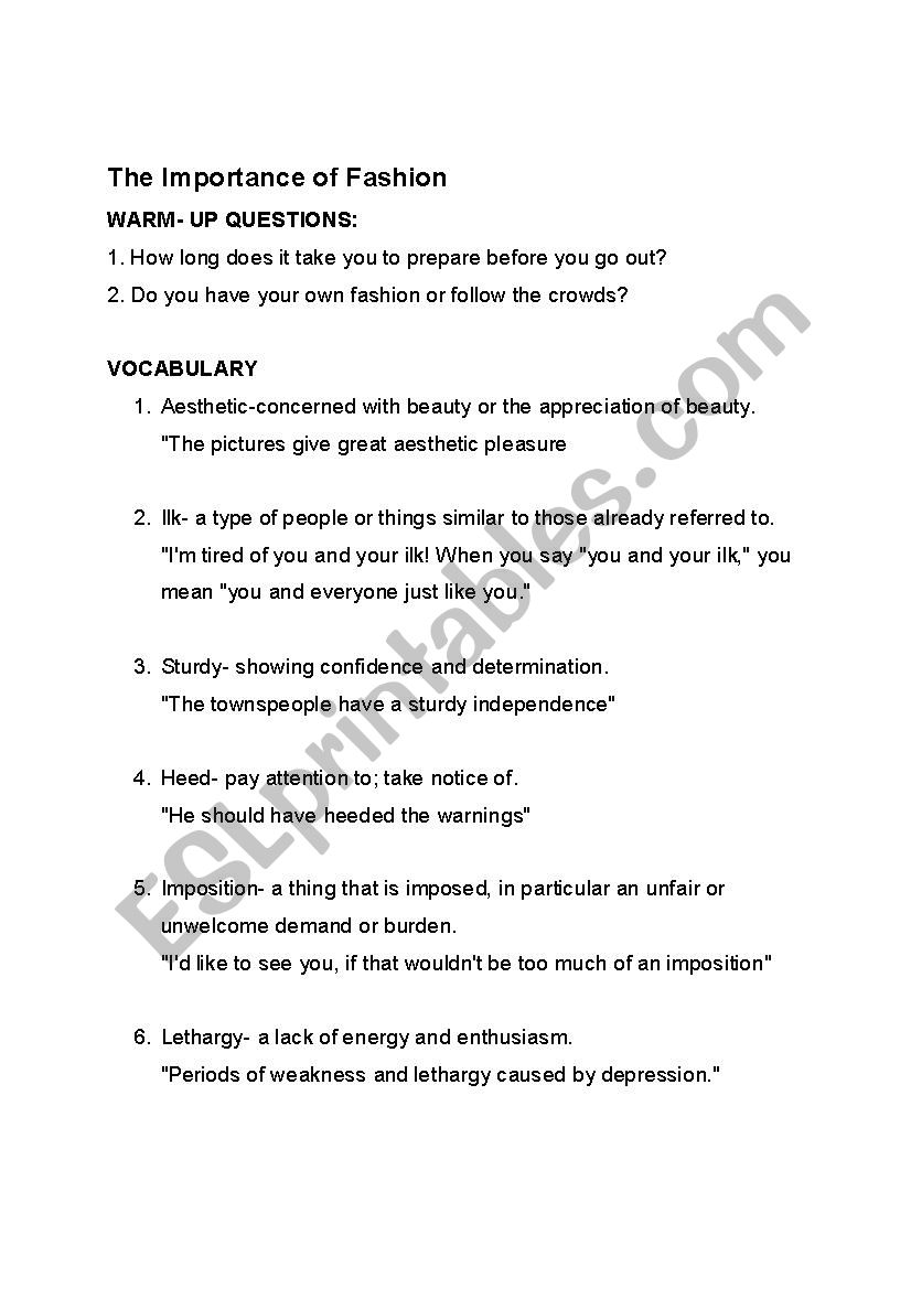 Importance of Fashion  worksheet