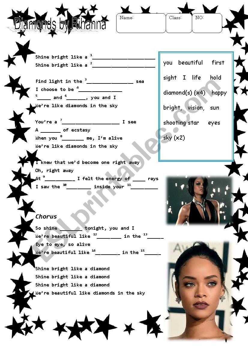 Rihanna Diamond Song Gap worksheet