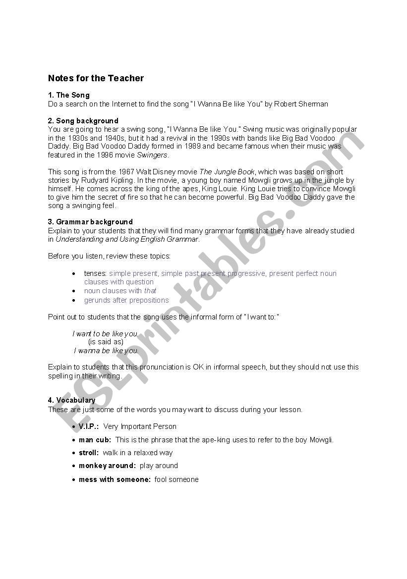 song I wanna be like you  worksheet