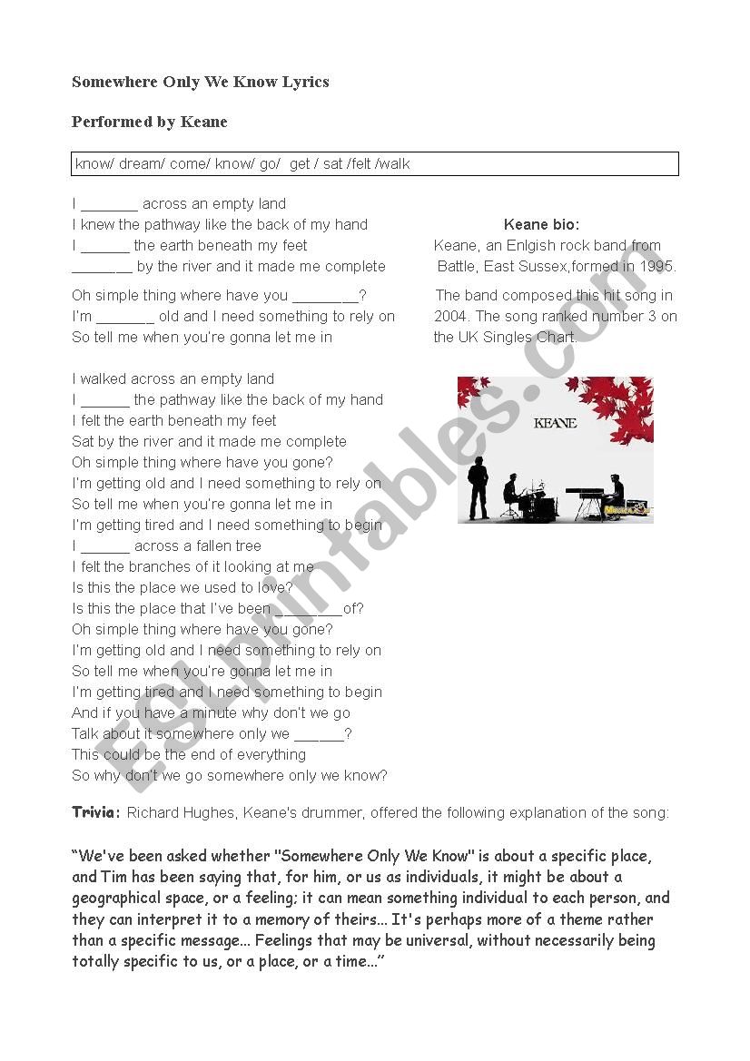 Song lyrics grammar and vocab worksheet  