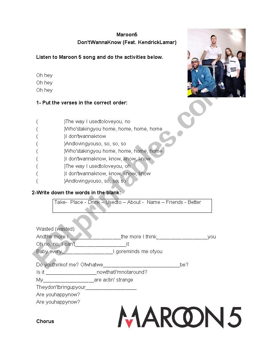 Don´t wanna know - Maroon 5 - ESL worksheet by Rodegheri