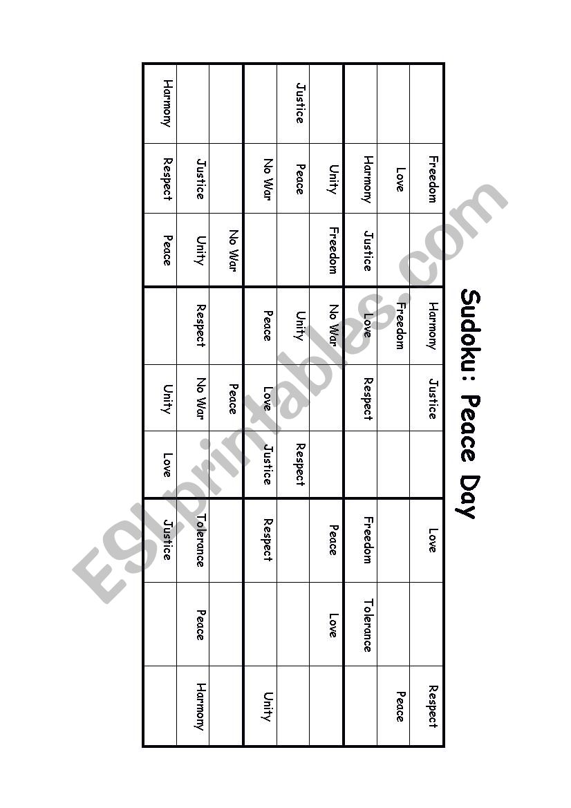Sudoku about Peace Day worksheet