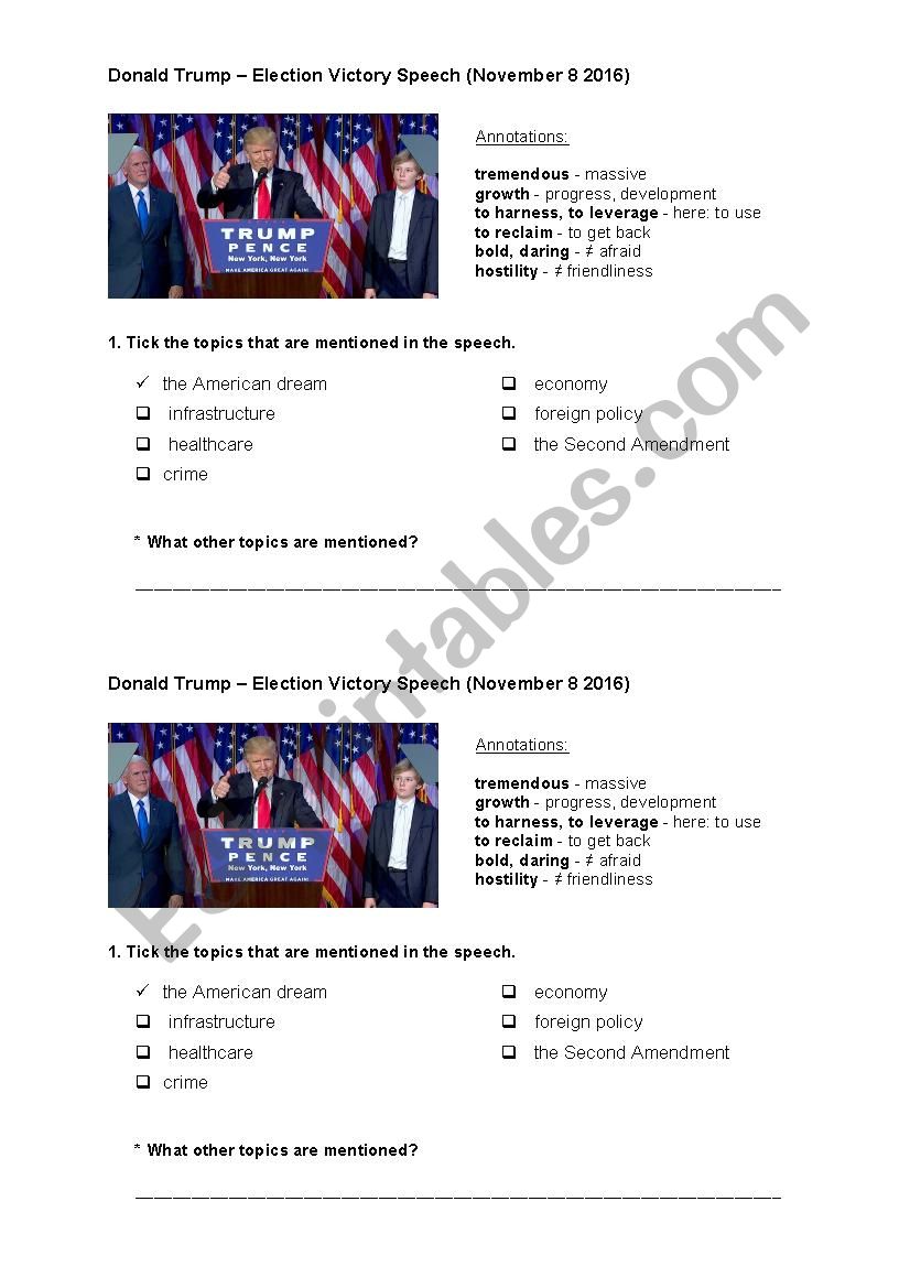 Workheets Viewing/Listening - Trump Victory Speech
