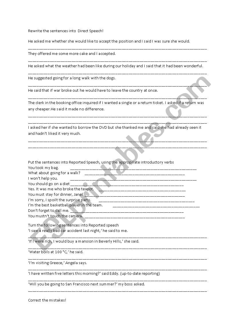 Reported speech worksheet