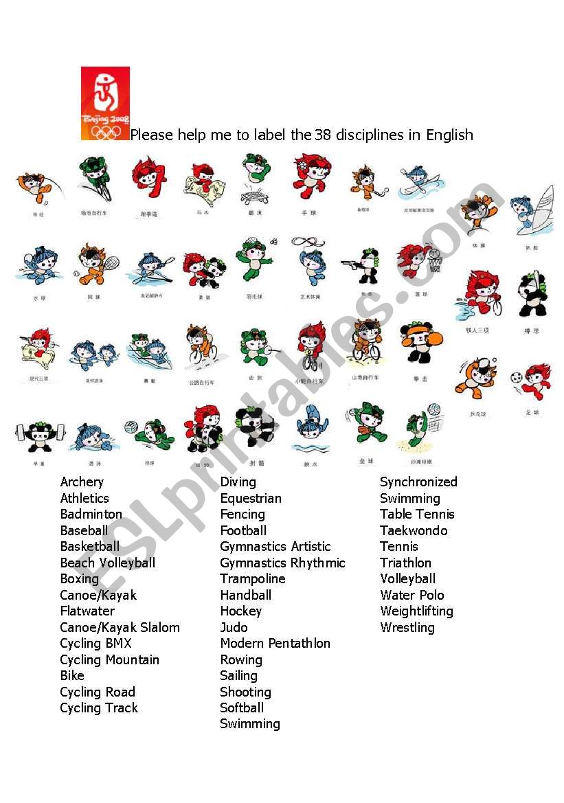 Beijing 2008 - Disciplines worksheet