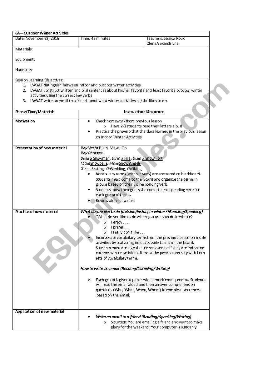 Outdoor Winter Activities worksheet