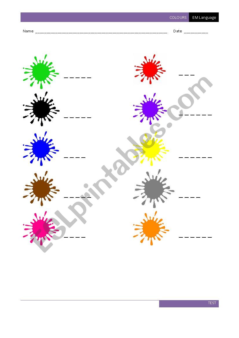 Colours Spelling Test worksheet