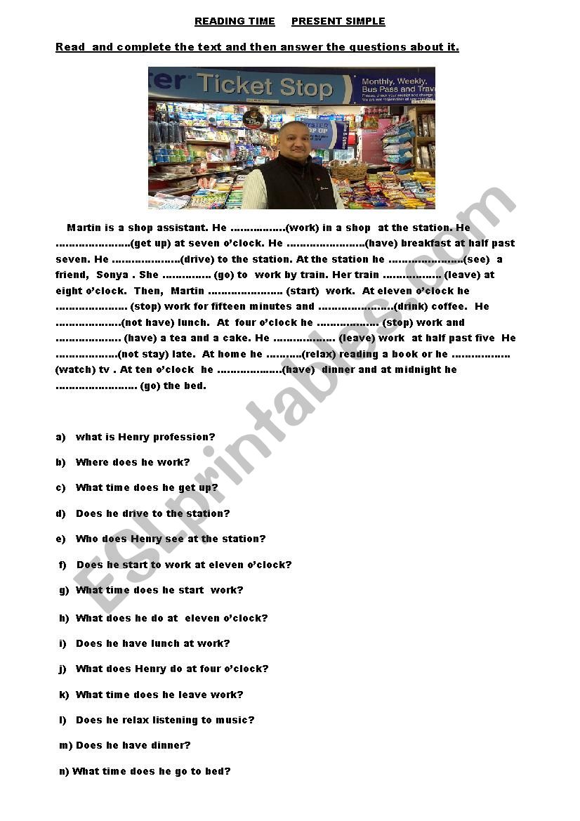 Reading Time- Present Simple worksheet