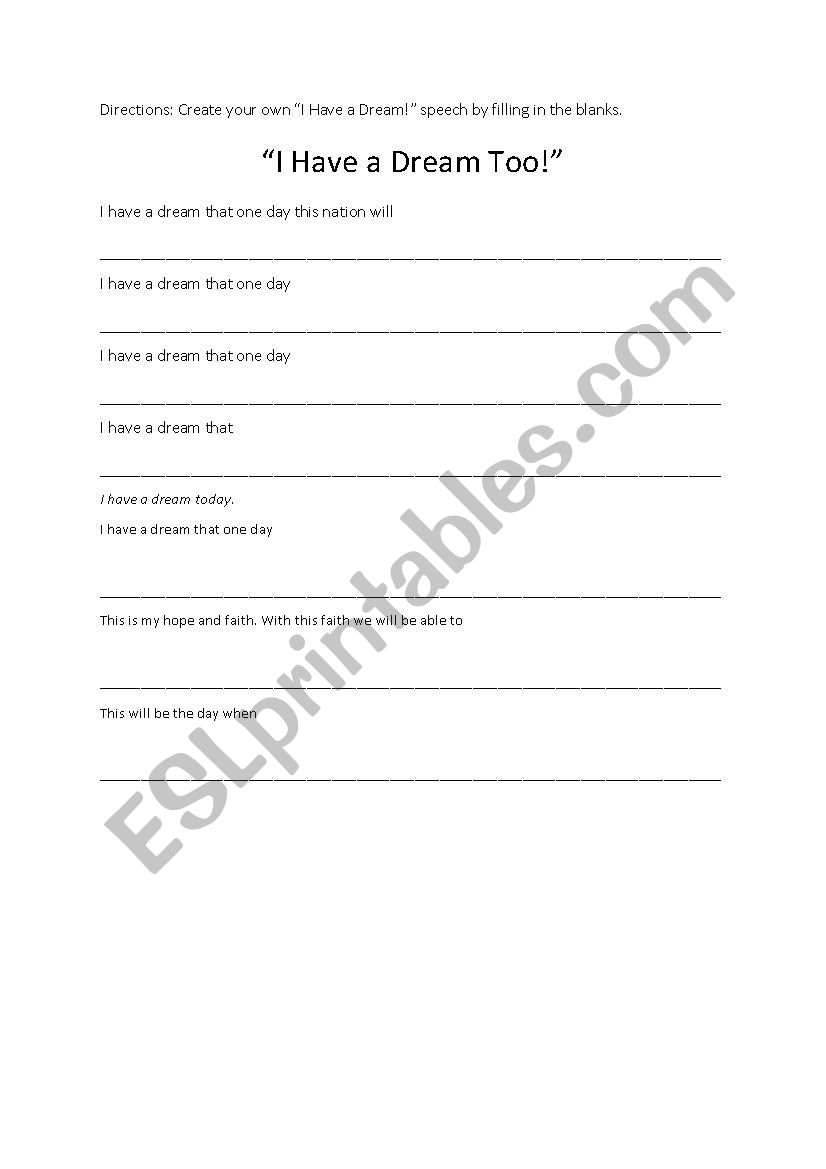 I Have a Dream Too - ESL worksheet by winklecr Intended For I Have A Dream Worksheet