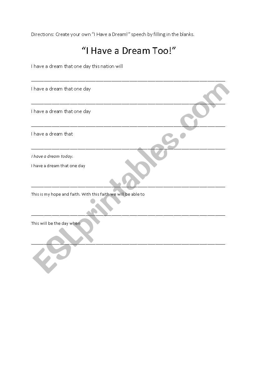 I Have A Dream Too ESL Worksheet By Winklecr
