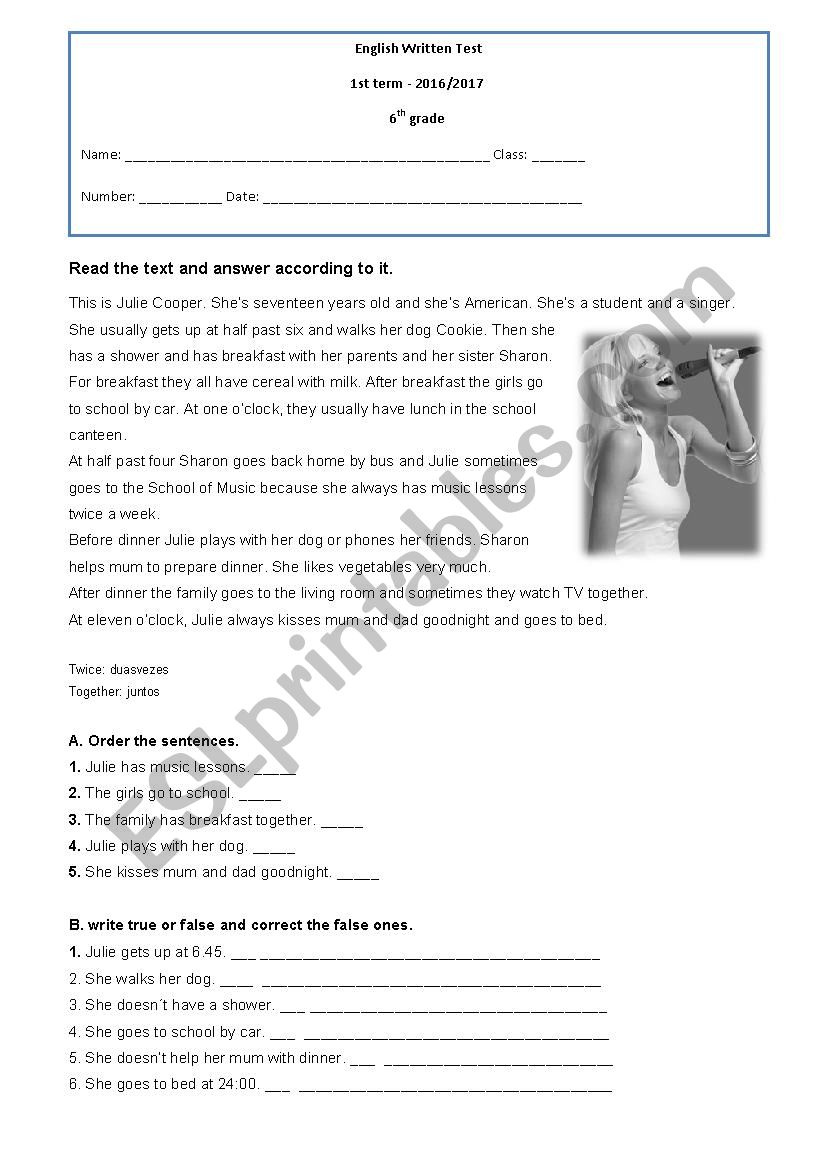 Saras daily routine worksheet