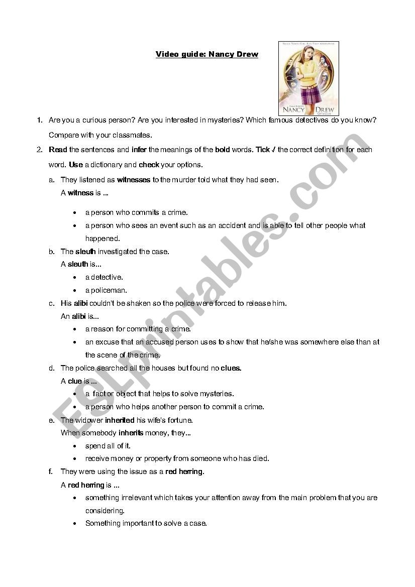 Video Guide: Nancy Drew worksheet