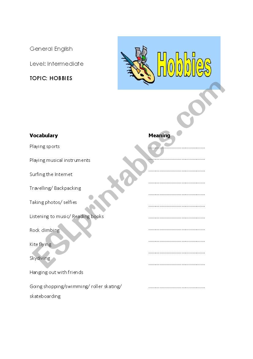 HOBBIES worksheet