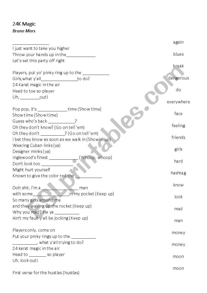 24K Magic - Bruno Mars  worksheet