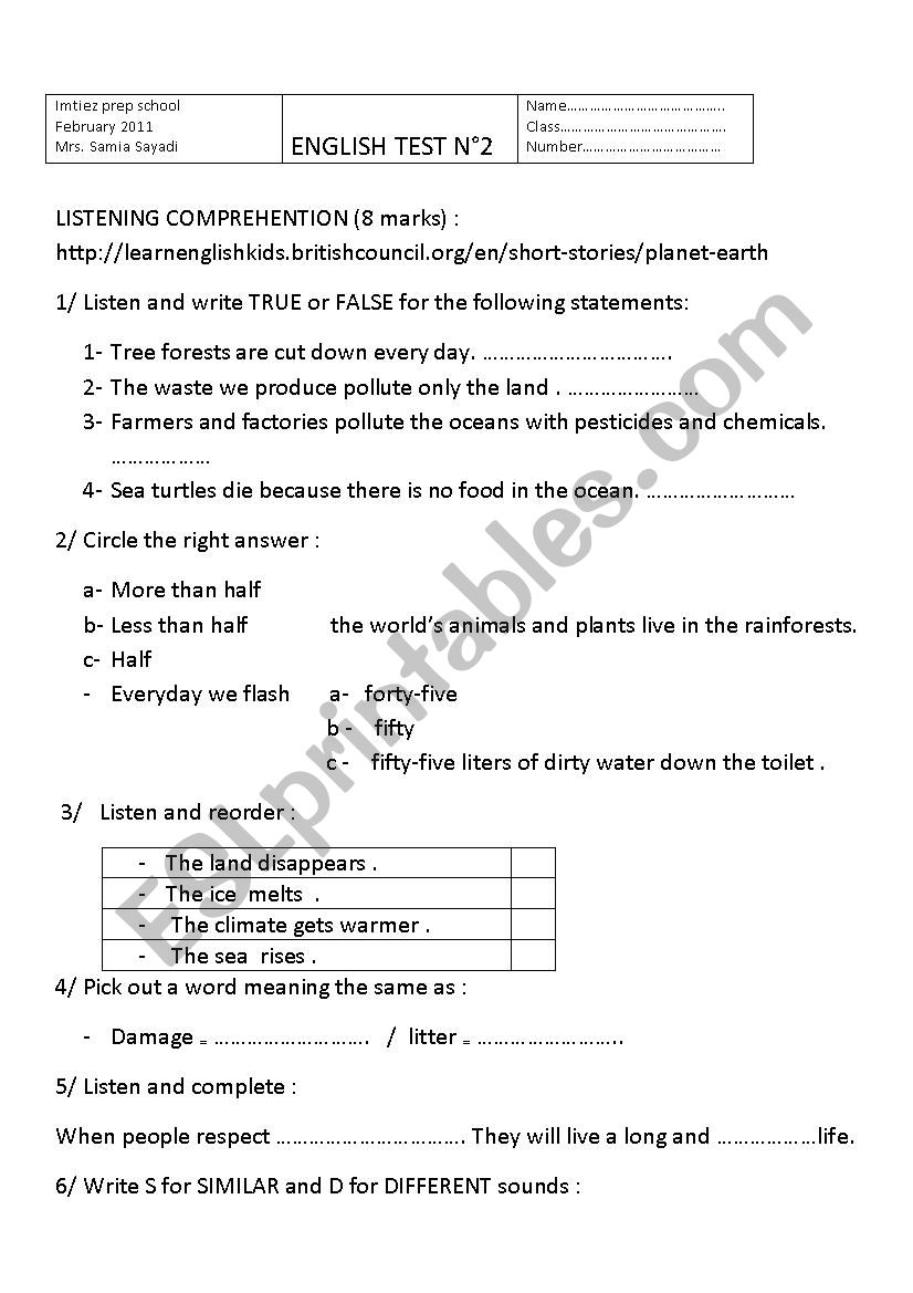 Test 9th level (environment) worksheet