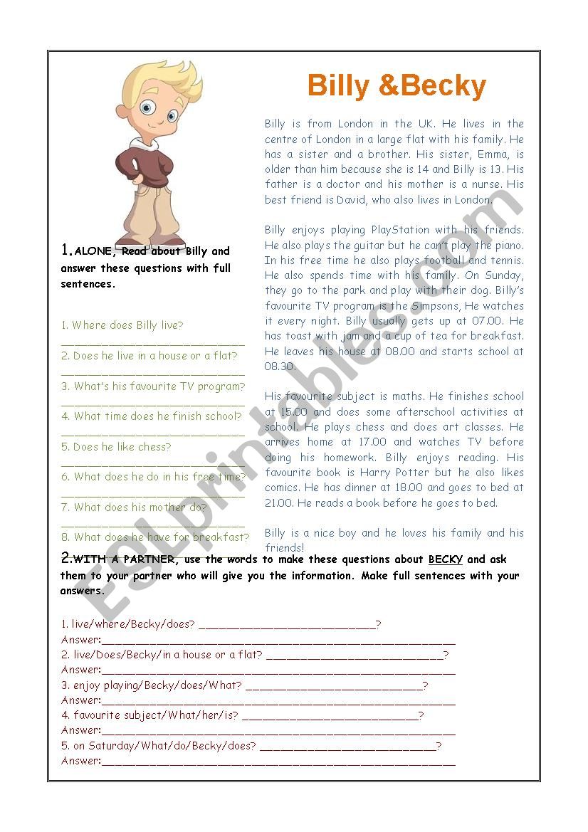 Billy & Becky worksheet