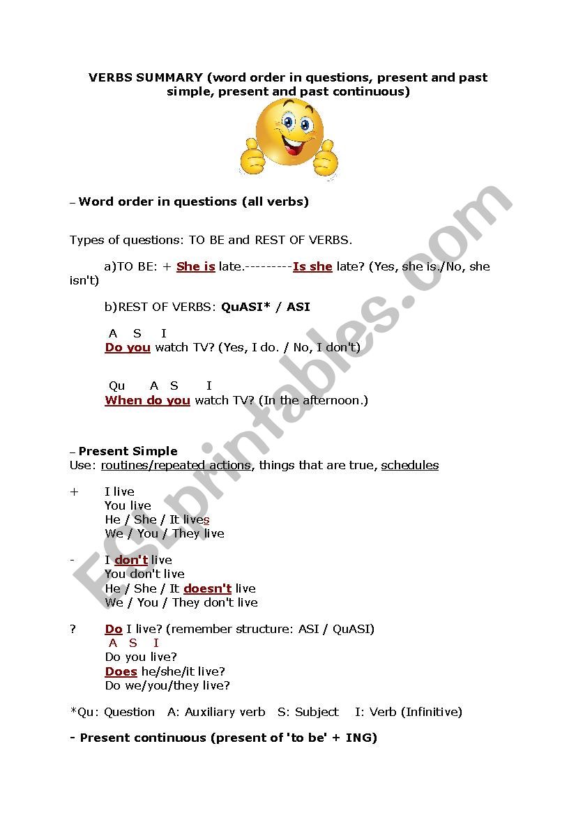 Verbs summary (word order, present simple and continuous, past simple and continuous)