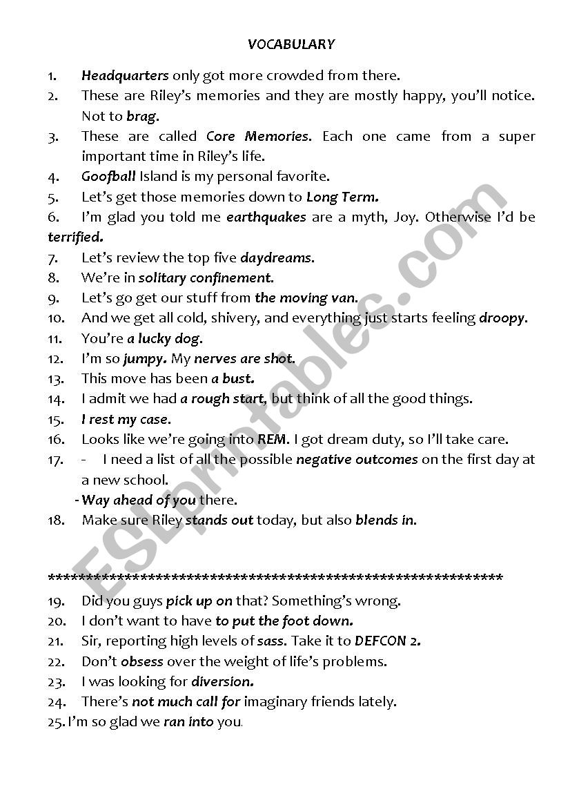 InsideOut movie worksheet worksheet